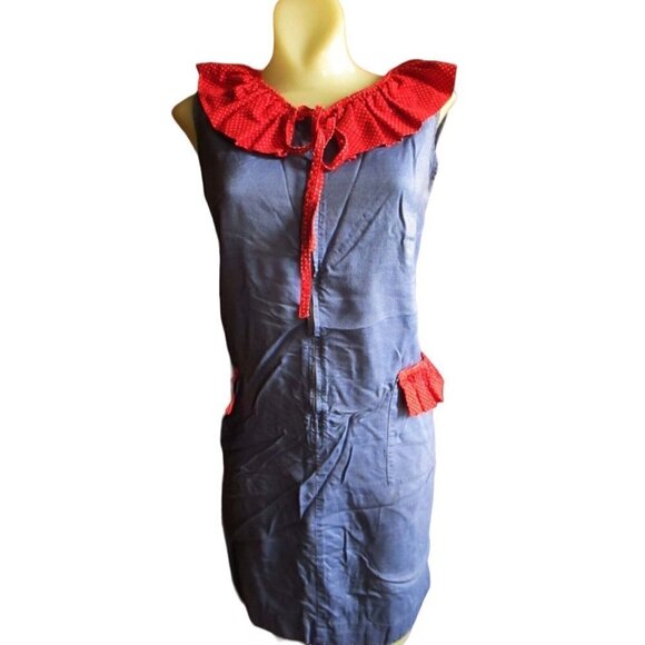 Vintage Womens Dress 6 1960's Handmade Slinky Chambray Red Polka Dot Country Zip - Picture 3 of 7